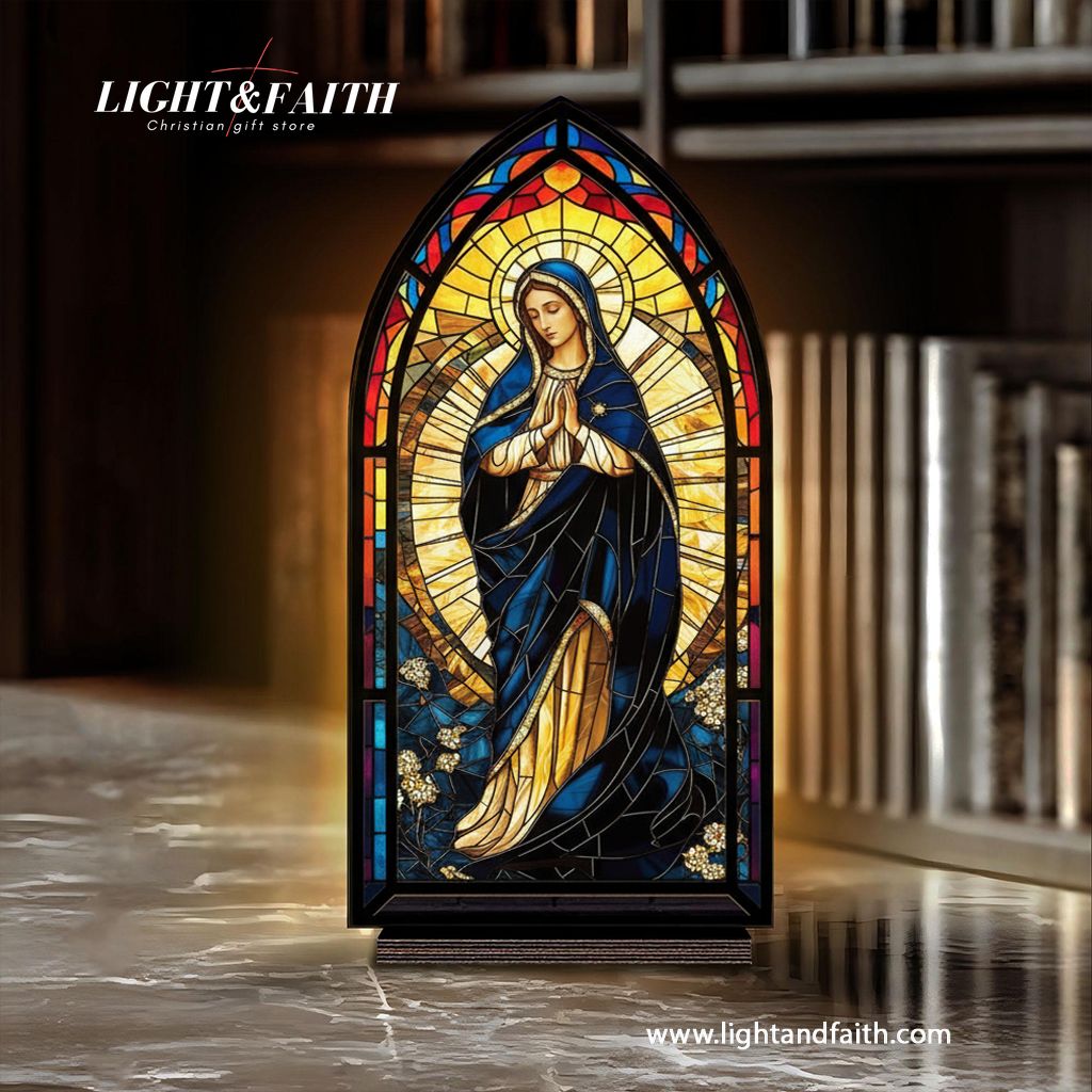 Virgin Mary Book Nook Decor, Stained Glass Window Style LED Light, Our Lady Religious Home Altar Decoration, Christian Faith Gift for Prayer and Blessing BNLAF21